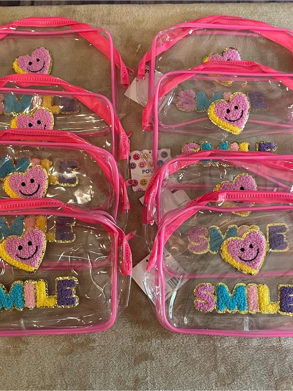 Pink Clear Kids Travel Pouch with Smile Heart Patch. SET OF 8